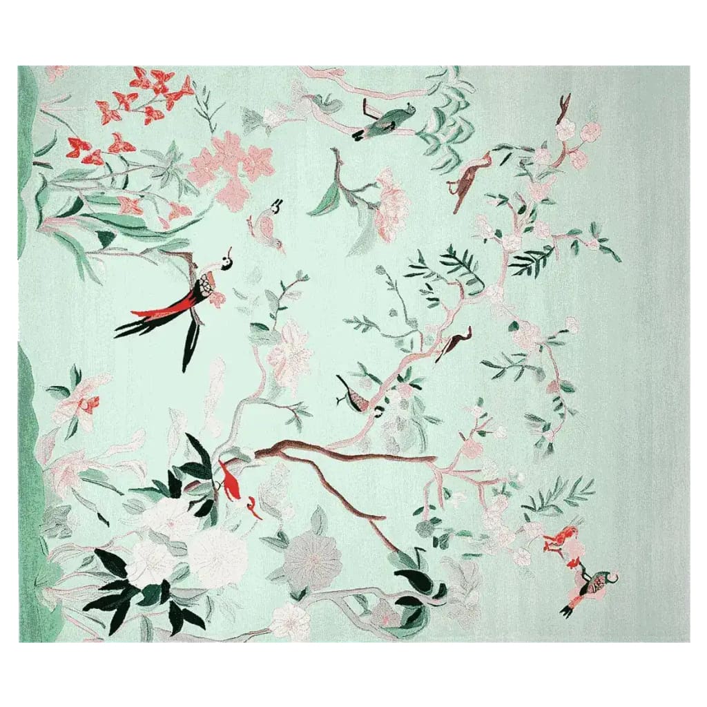 Top view of the Mint Blossom Melody Hand Tufted Area Rug, featuring intricate floral and bird patterns in soft pastel hues. Ideal for adding elegance to living room area rugs, this wool rug enhances any space with its artistic design.