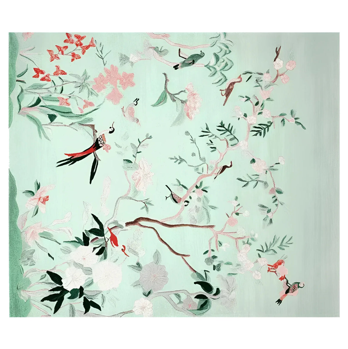 Top view of the Mint Blossom Melody Hand Tufted Area Rug, featuring intricate floral and bird patterns in soft pastel hues. Ideal for adding elegance to living room area rugs, this wool rug enhances any space with its artistic design.