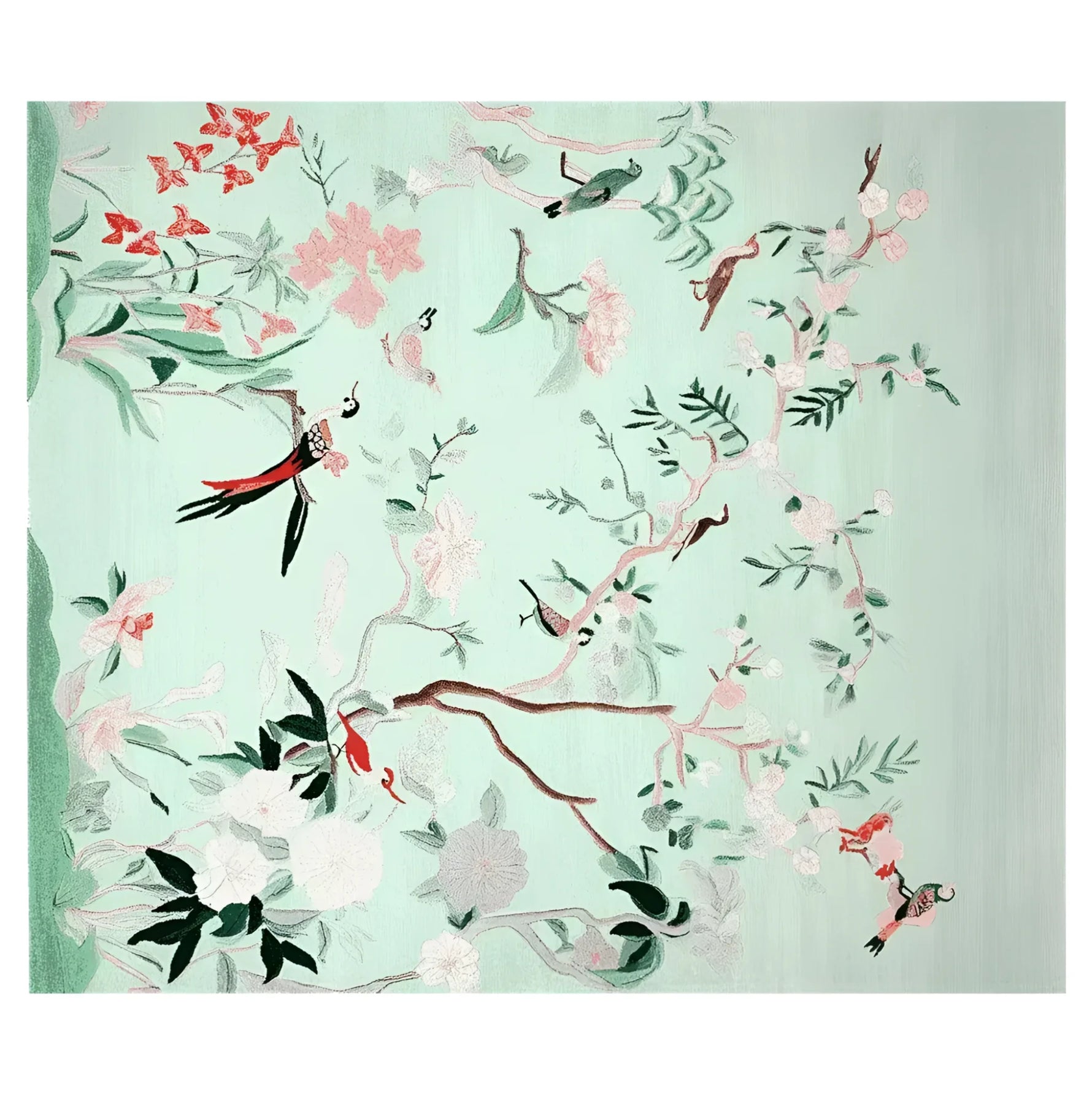 Top view of the Mint Blossom Melody Hand Tufted Area Rug, featuring intricate floral and bird patterns in soft pastel hues. Ideal for adding elegance to living room area rugs, this wool rug enhances any space with its artistic design.