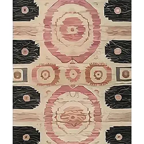 Mirage Medallion Hand Tufted Wool Rug featuring a vintage design with intricate medallion patterns, perfect for large living rooms. This 8x10 area rug combines soft pink and black tones, adding a touch of elegance to any living room decor.