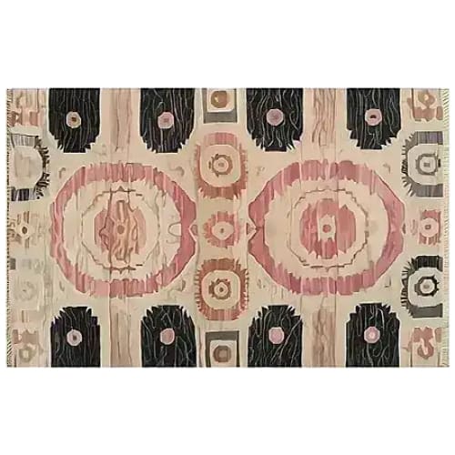 The Mirage Medallion Hand Tufted Area Rug showcases an intricate vintage design in warm tones, perfect for large living rooms. This wool rug, sized 8x10, adds a touch of elegance with its bold patterns and soft texture, ideal for creating a cozy atmosphere in any living room.