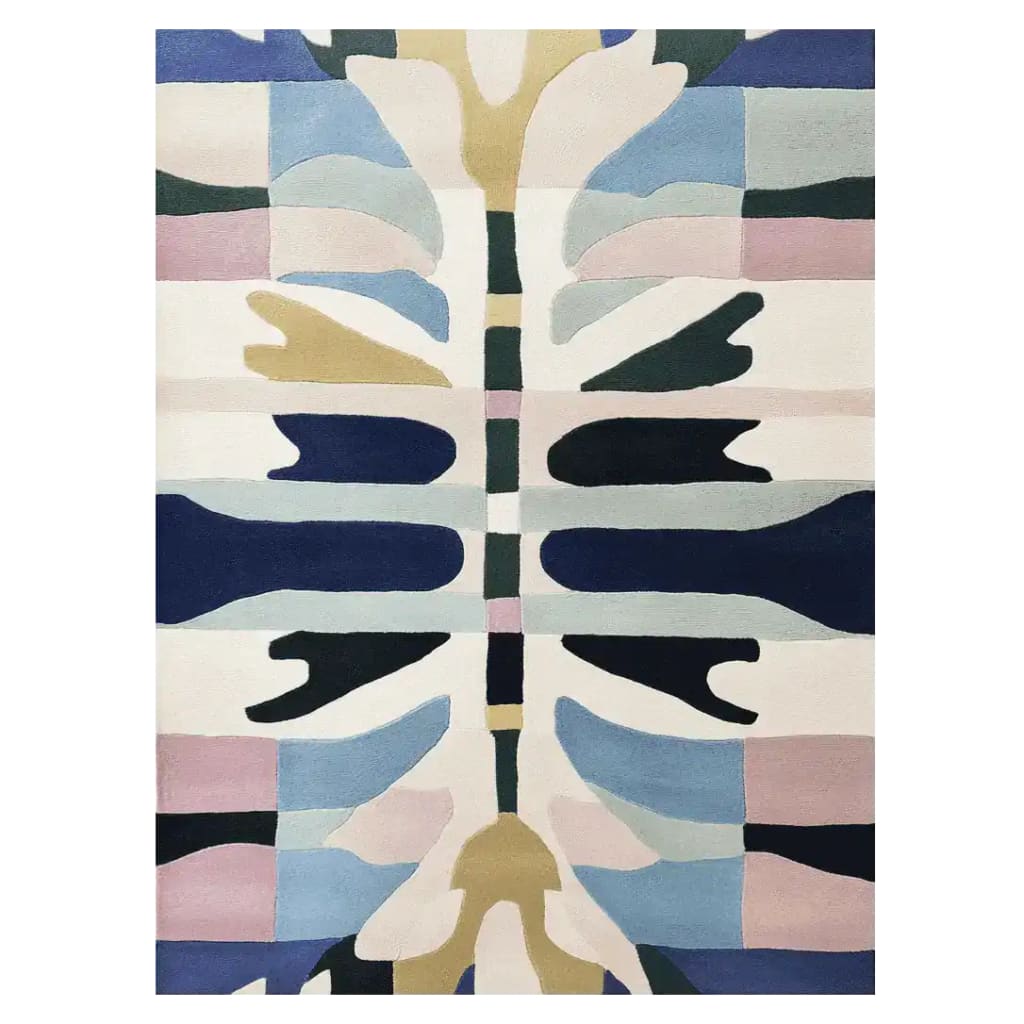 This vibrant area rug, titled 'Mirror Mesh Hand Tufted Rug', showcases a contemporary abstract design with a mix of blues, pinks, and earth tones. Perfect as a wool rug for large living room spaces, its symmetrical pattern adds a modern touch to any area rugs for living room setting.
