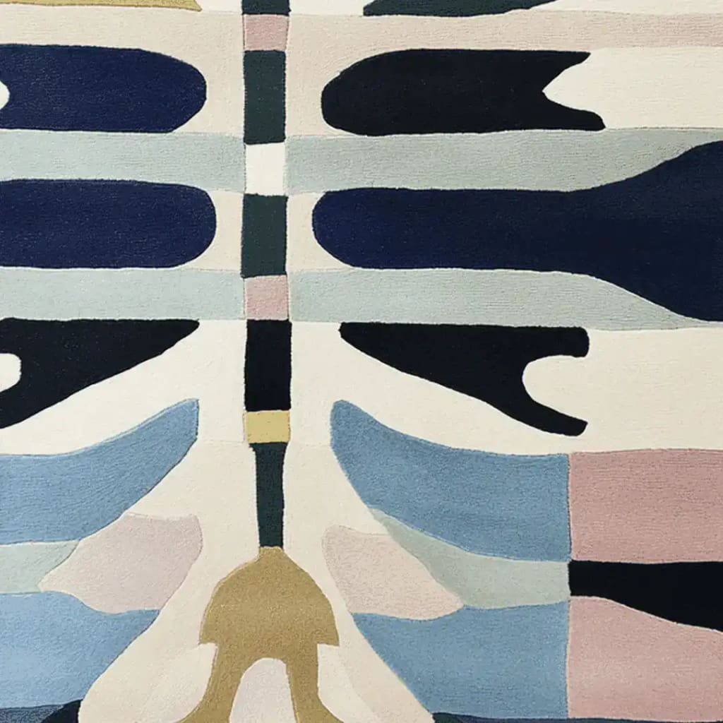 A close-up view of the Mirror Mesh Hand Tufted Rug, showcasing its contemporary abstract design with a blend of blue, beige, and pink hues. This wool rug is an ideal choice for those looking for large area rugs for living rooms, combining style and comfort.