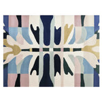 Vibrant Mirror Mesh Hand Tufted Area Rug featuring an abstract design with bold colors like navy blue, mustard, and soft pastels. This contemporary wool rug is perfect for adding a modern touch to large living room spaces, offering both style and comfort.