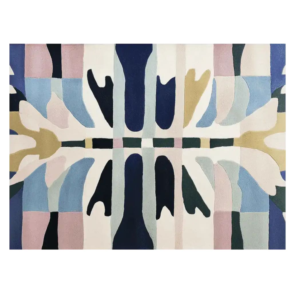 Vibrant Mirror Mesh Hand Tufted Area Rug featuring an abstract design with bold colors like navy blue, mustard, and soft pastels. This contemporary wool rug is perfect for adding a modern touch to large living room spaces, offering both style and comfort.