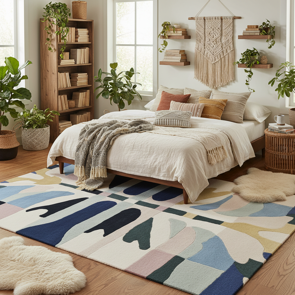 Cozy bedroom with a colorful rug, bed, and bookshelf.