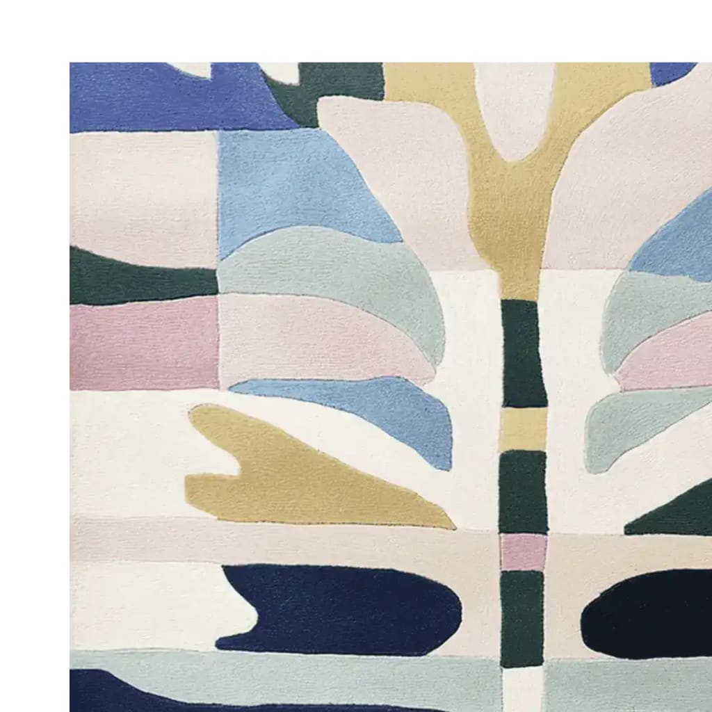 A modern and colorful hand-tufted wool rug with an abstract design, perfect as a large area rug for contemporary living rooms. Featuring a blend of muted blues, pinks, and golds, this area rug adds a stylish touch to any space.
