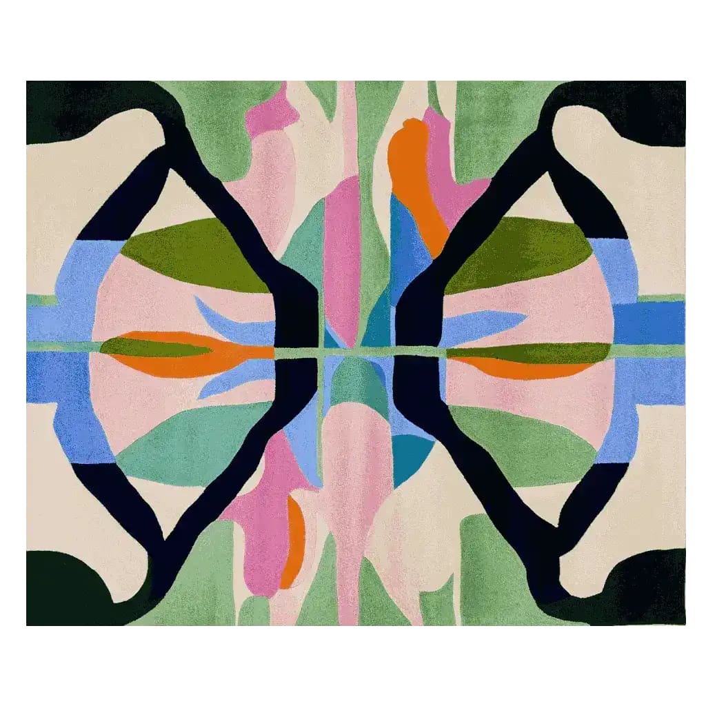 This vibrant area rug features a contemporary abstract design with mirrored floral patterns in bold colors like green, pink, and blue. Made from high-quality wool, this large living room rug adds a modern touch and artistic flair to any space.