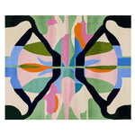 This vibrant area rug features a contemporary abstract design with mirrored floral patterns in bold colors like green, pink, and blue. Made from high-quality wool, this large living room rug adds a modern touch and artistic flair to any space.