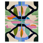 Vibrant area rug with a contemporary design featuring abstract, mirrored patterns in bold colors like green, pink, orange, and blue. This wool rug is perfect for adding a splash of color to large living rooms.
