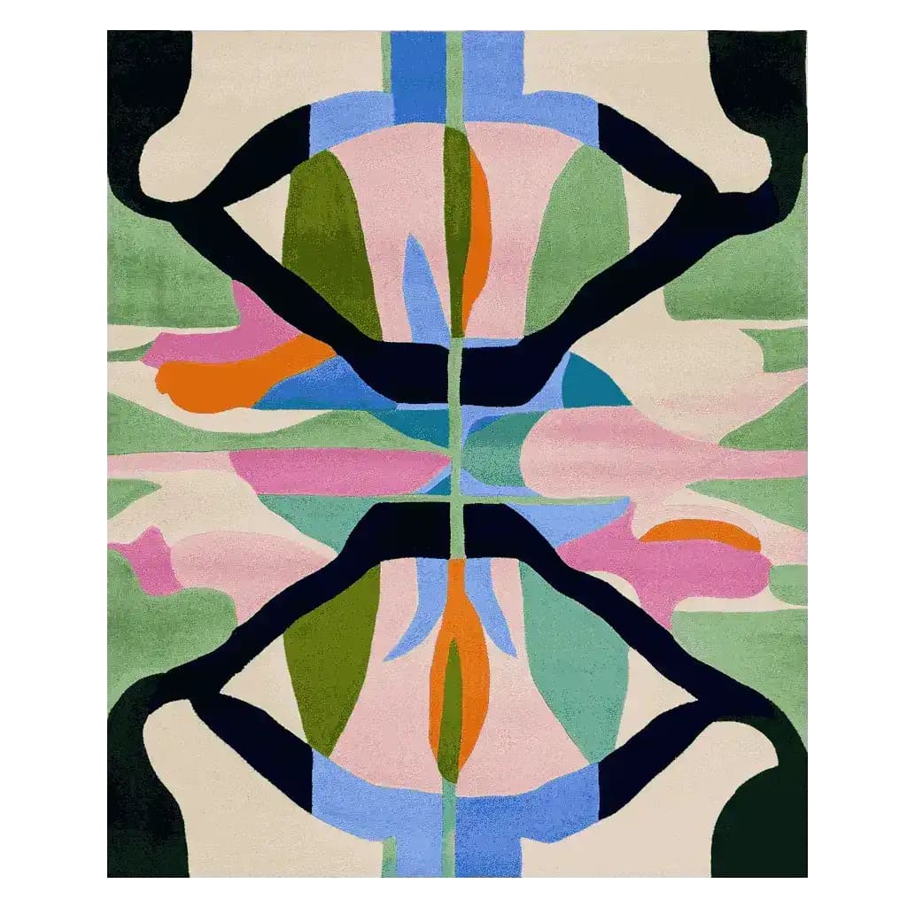 Vibrant area rug with a contemporary design featuring abstract, mirrored patterns in bold colors like green, pink, orange, and blue. This wool rug is perfect for adding a splash of color to large living rooms.