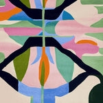 This vibrant area rug, titled 'Mirrored Bloomscape Flow', features a contemporary design with bold abstract shapes in shades of pink, orange, blue, and green. Perfect for adding a modern touch to your living room, this wool rug offers a striking visual appeal for large living spaces.