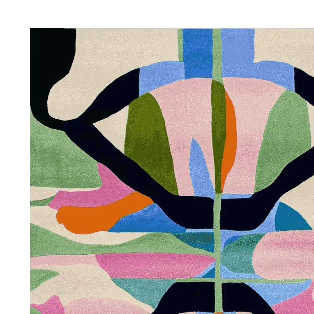 Vibrant and contemporary area rug featuring an abstract design with bold colors like blue, pink, orange, and green. This wool rug is perfect for adding a splash of modern art to your living room area. Ideal for large living room spaces, the hand-tufted texture enhances its luxurious feel.