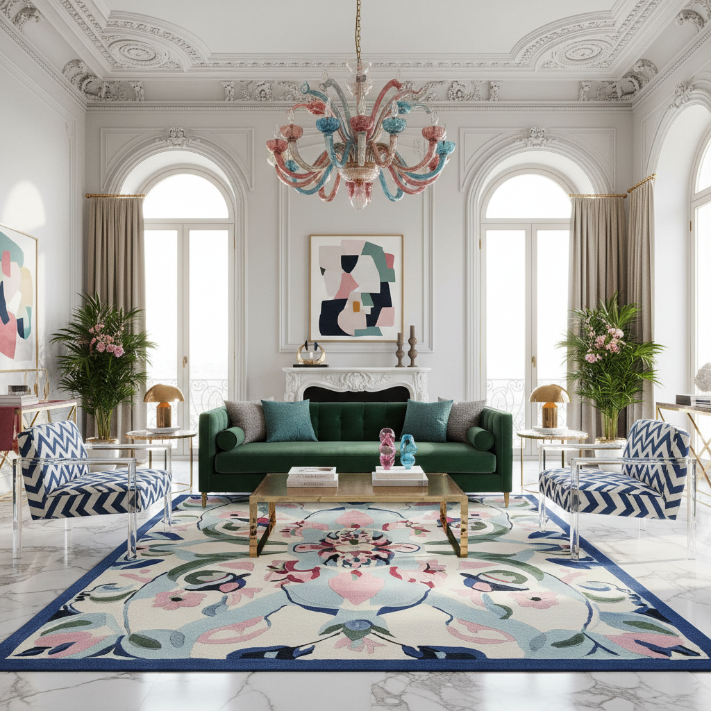 Luxurious living room with a green sofa, patterned rug, and decorative chandelier.