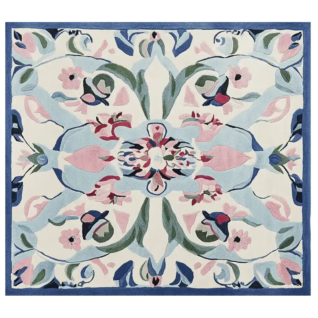 A beautifully designed Mirrored Petal Harmony Hand Tufted Area Rug, featuring an intricate floral pattern in soft pastel colors. This wool rug is perfect for adding elegance to large living room spaces, making it an ideal area rug for living rooms.