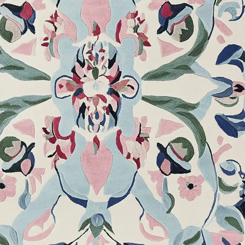 The Mirrored Petal Harmony Hand Tufted Rug showcases an intricate design with a floral and abstract pattern in soft pastel colors. This area rug is crafted from high-quality wool, making it an ideal choice for large living room spaces. Its elegant design and durable material make it a perfect addition to any area rugs for living room collection.