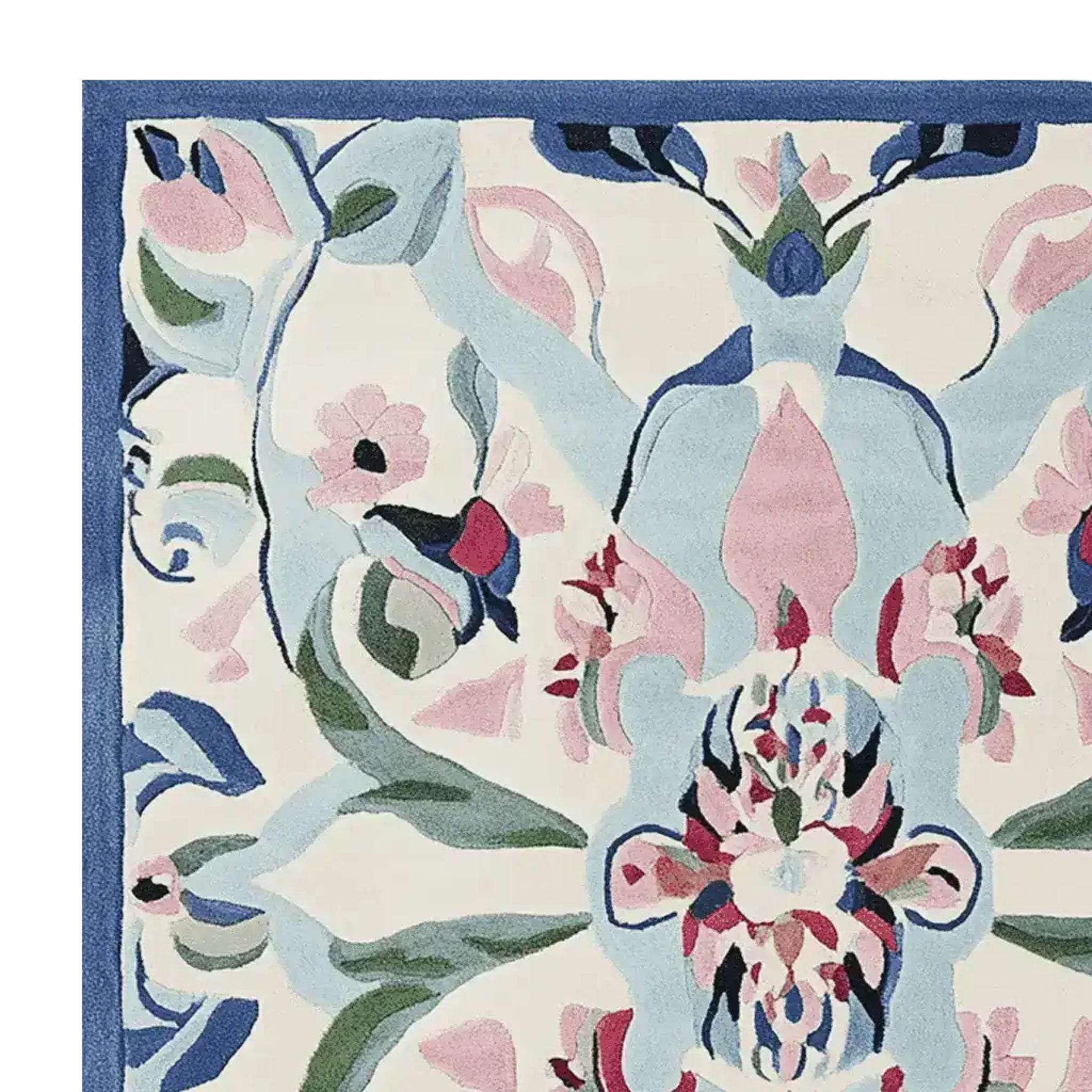 A beautifully detailed Mirrored Petal Harmony hand-tufted area rug, featuring an abstract floral design in soft pastel colors like pink, blue, and green. Perfect for adding elegance to large living rooms, this wool rug showcases intricate patterns that create a harmonious and inviting atmosphere.