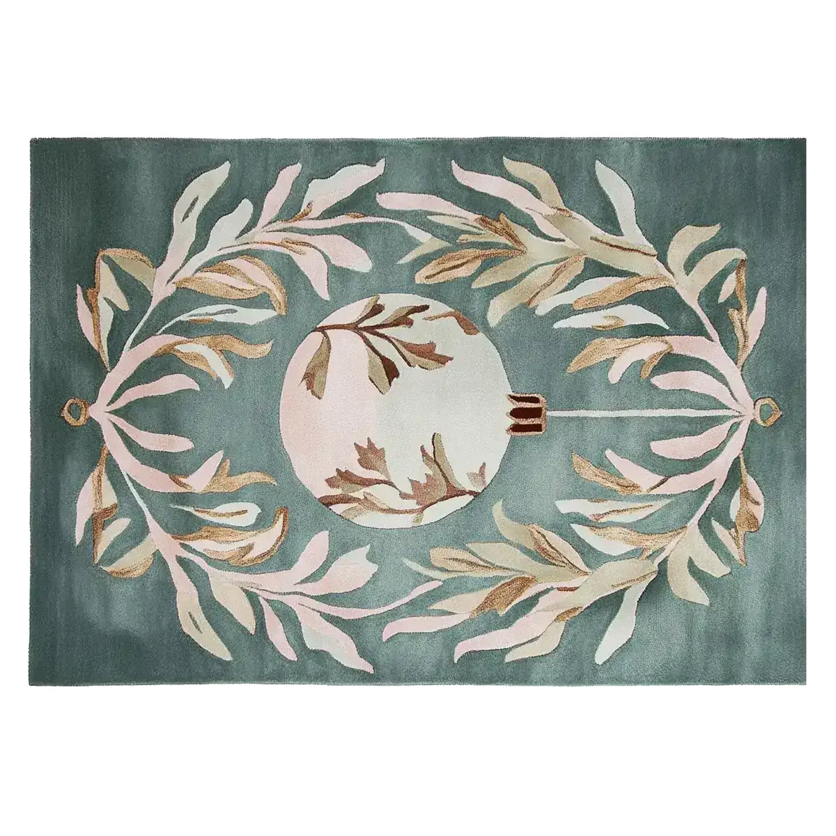 The Mistletoe Dreams Hand Tufted Area Rug features a soothing green background with elegant mistletoe designs and a central ornament motif, perfect for adding a cozy touch to your living room. This 8x10 wool rug brings warmth and style to any space, making it an ideal choice for those seeking beautiful rugs for living room decor.