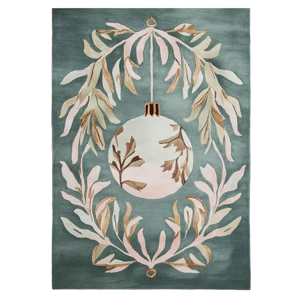 A beautifully crafted area rug titled 'Mistletoe Dreams Hand Tufted Rug', featuring a festive design of mistletoe leaves and a central ornament on a soft green background. Ideal for adding warmth to your space, this wool rug is perfect for living rooms, especially in an 8x10 size.