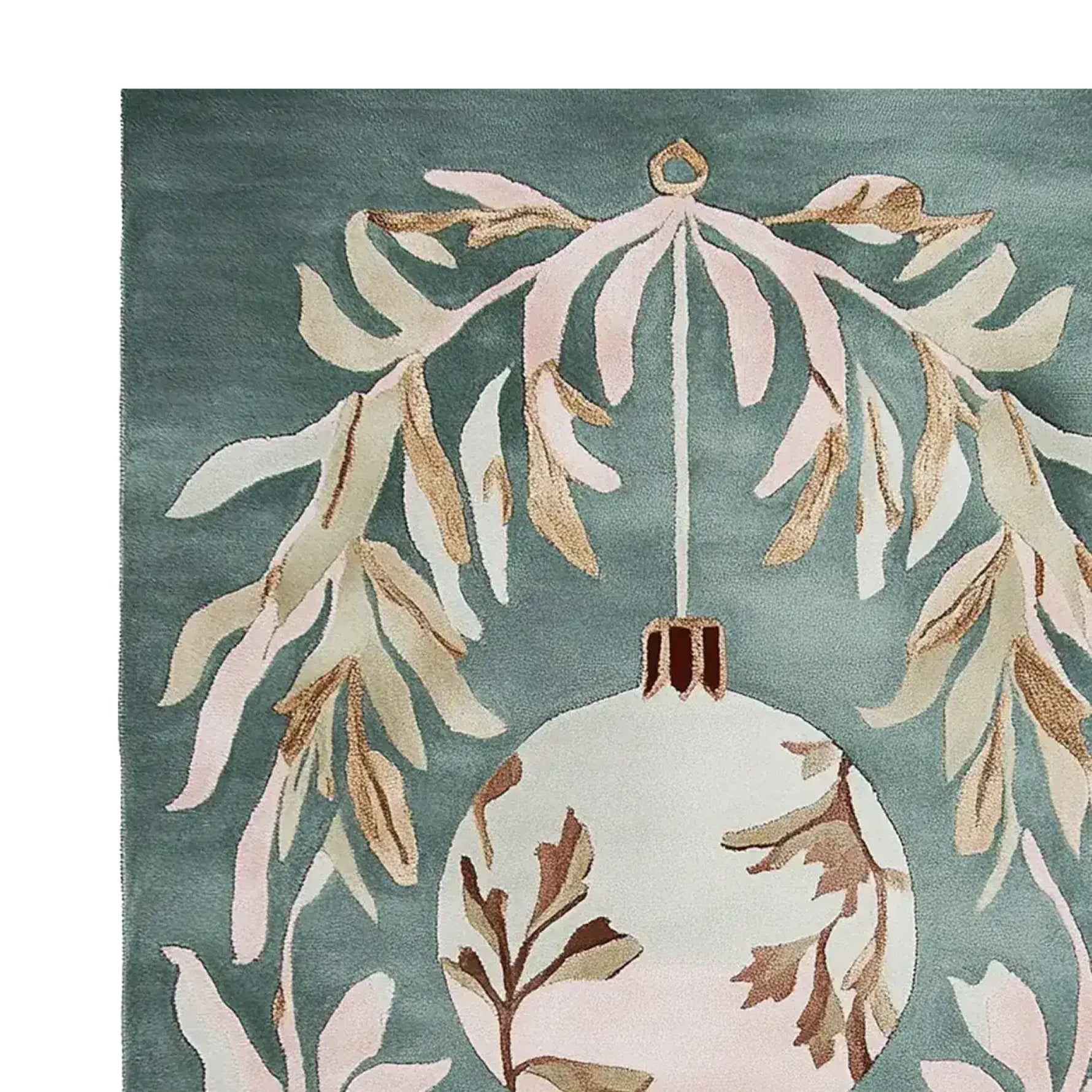 A beautifully detailed area rug featuring a festive design with intricate mistletoe leaves and a decorative ornament on a soft green background. This wool rug is perfect for adding a touch of elegance to your living room. Ideal as an 8x10 rug, it enhances any space with its warm and cozy appeal.