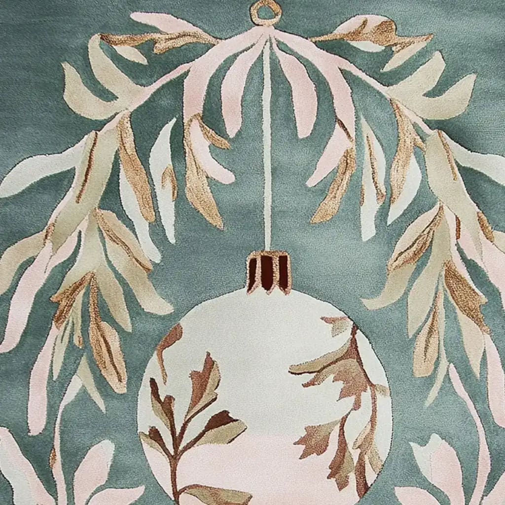 Close-up of the Mistletoe Dreams Hand Tufted Area Rug featuring a wool design with delicate pink and beige leaves and a hanging ornament, perfect as an 8x10 rug for living room decor.