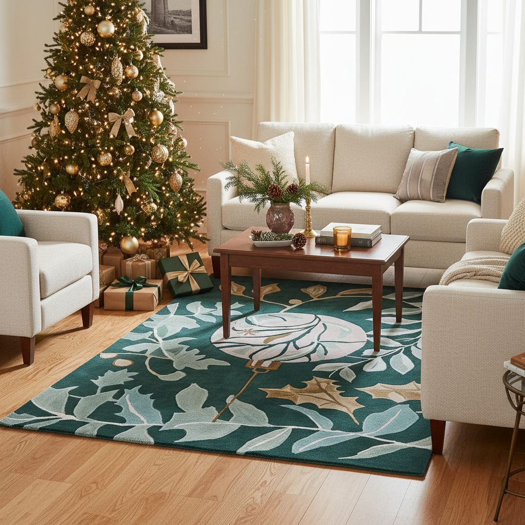 Living room with Christmas tree, decorated couch, and a decorative rug.