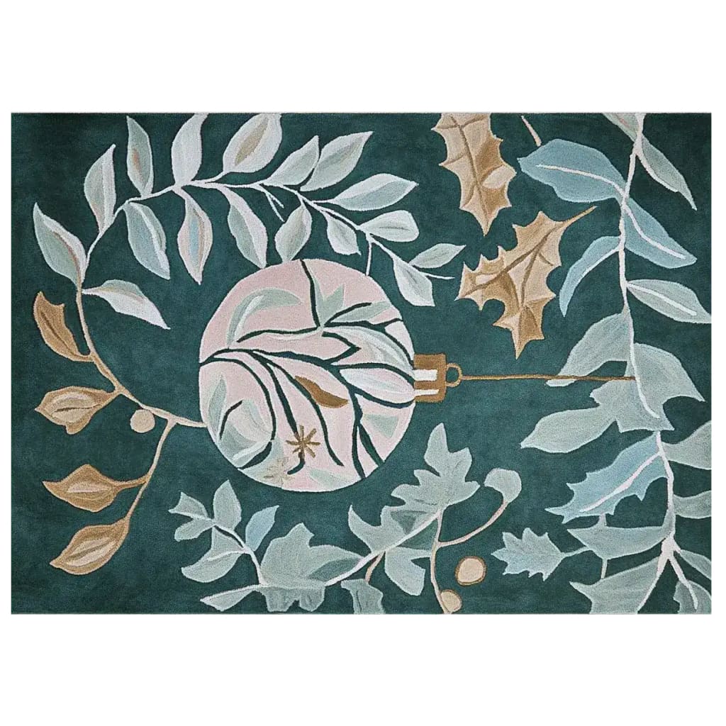 Top view of the Mistletoe Magic Hand Tufted Area Rug, featuring a festive design with leaves and ornaments on a dark green wool rug, perfect for living room rugs 8x10.