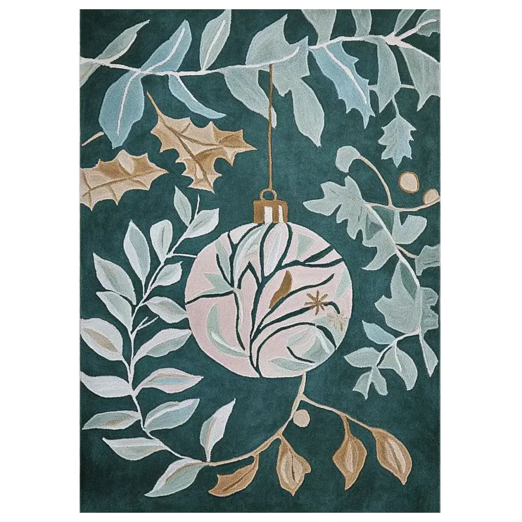 Mistletoe Magic Hand Tufted Area Rug featuring a festive design with leaves and a Christmas ornament on a rich green background. This wool rug, perfect for living room settings, measures 8x10 and combines elegance with a seasonal touch.
