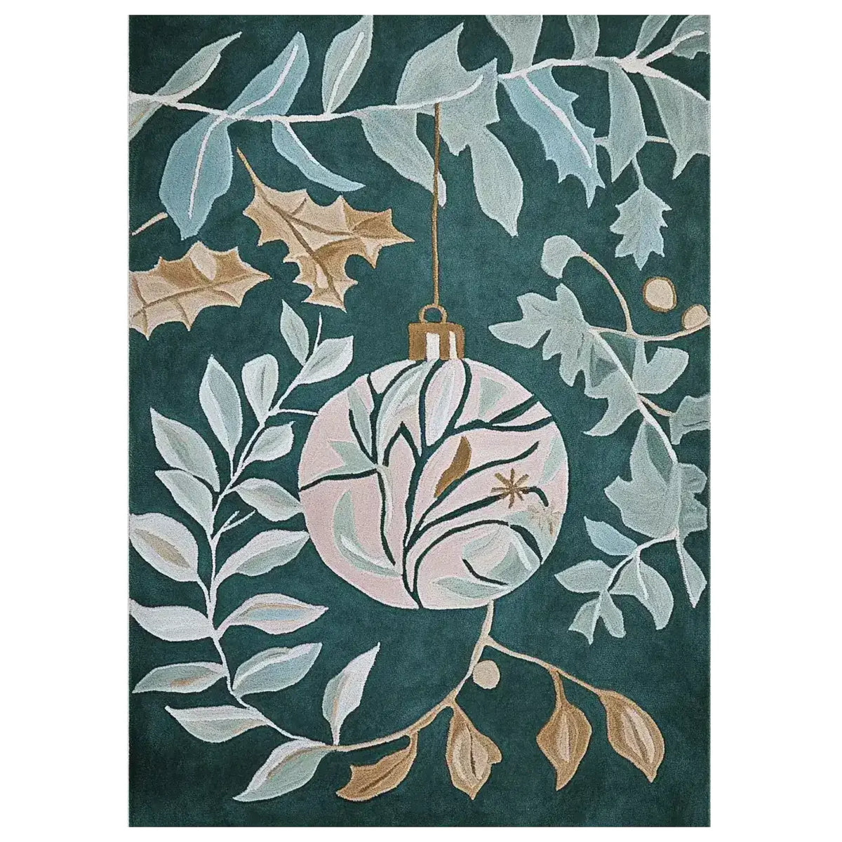 Living room with Christmas tree, decorated couch, and a decorative rug.