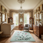Luxurious bedroom with ornate furniture, chandelier, and decorative rug.