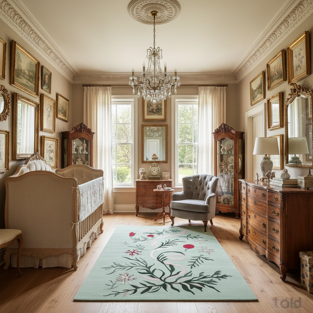 Luxurious bedroom with ornate furniture, chandelier, and decorative rug.