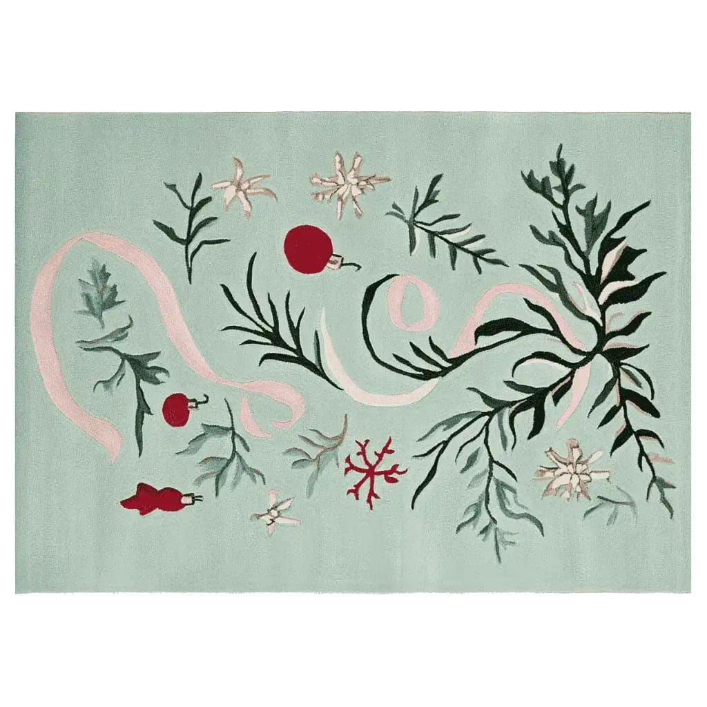 The Mistletoe Ribbon Dance Hand Tufted Rug features a beautiful design of mistletoe and ribbons on a soft green background, perfect for adding a festive touch to living room area rugs. This wool rug offers a cozy and stylish option for area rugs for living room spaces.