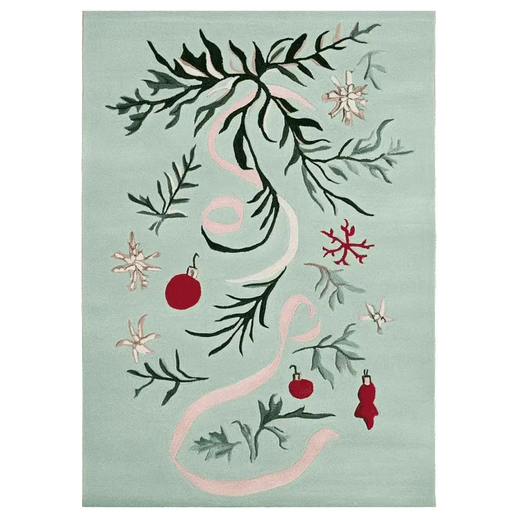 The Mistletoe Ribbon Dance Hand Tufted Rug is an elegant area rug perfect for living room decor. This wool rug features a festive design with mistletoe branches, ribbons, and ornaments on a soft background, making it an ideal choice for those seeking area rugs for living room settings.