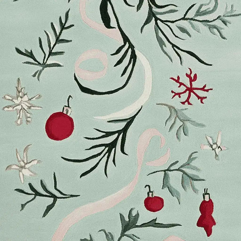 A close-up view of the Mistletoe Ribbon Dance Hand Tufted Area Rug, featuring a festive design with red ornaments and green foliage on a soft background. This wool rug is ideal for adding a touch of holiday charm to living room area rugs, perfect for cozy gatherings. A beautiful choice among area rugs for living room settings.