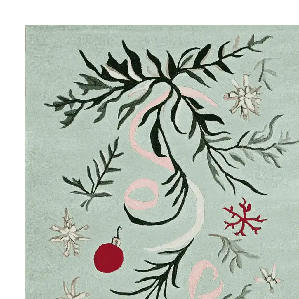 A detailed view of the Mistletoe Ribbon Dance Hand Tufted Rug, showcasing its elegant design with flowing mistletoe patterns and festive decorations on a soft green background. Ideal for adding a touch of seasonal charm to living room area rugs, this wool rug is perfect for those seeking stylish area rugs for the living room.