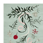 A detailed view of the Mistletoe Ribbon Dance Hand Tufted Rug, showcasing its elegant design with flowing mistletoe patterns and festive decorations on a soft green background. Ideal for adding a touch of seasonal charm to living room area rugs, this wool rug is perfect for those seeking stylish area rugs for the living room.