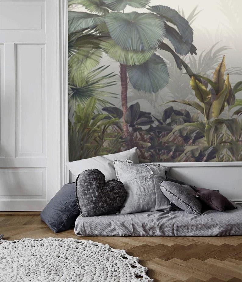 Misty Tropical Forest Watercolor Wallpaper Mural - MAIA HOMES
