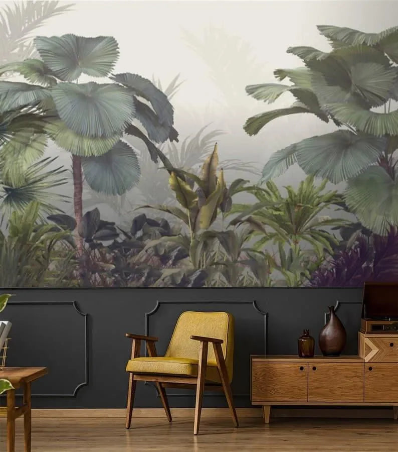 Misty Tropical Forest Watercolor Wallpaper Mural