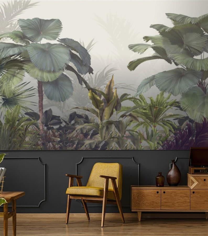 Misty Tropical Forest Watercolor Wallpaper Mural - MAIA HOMES