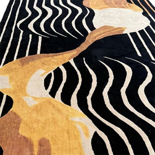 This image showcases the Mocha Mirage Hand-Tufted Area Rug, perfect for a dining room. The contemporary rug features an abstract design with flowing lines in shades of mocha and cream against a dark background. Ideal for adding a touch of elegance to dining room carpets, this wool rug is a stunning choice for large area rugs and formal dining room settings.