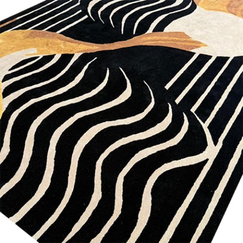 A contemporary Mocha Mirage hand-tufted wool rug featuring an abstract design with flowing black and cream lines, ideal for a formal dining room. This large area rug adds a modern touch to any dining room setting.