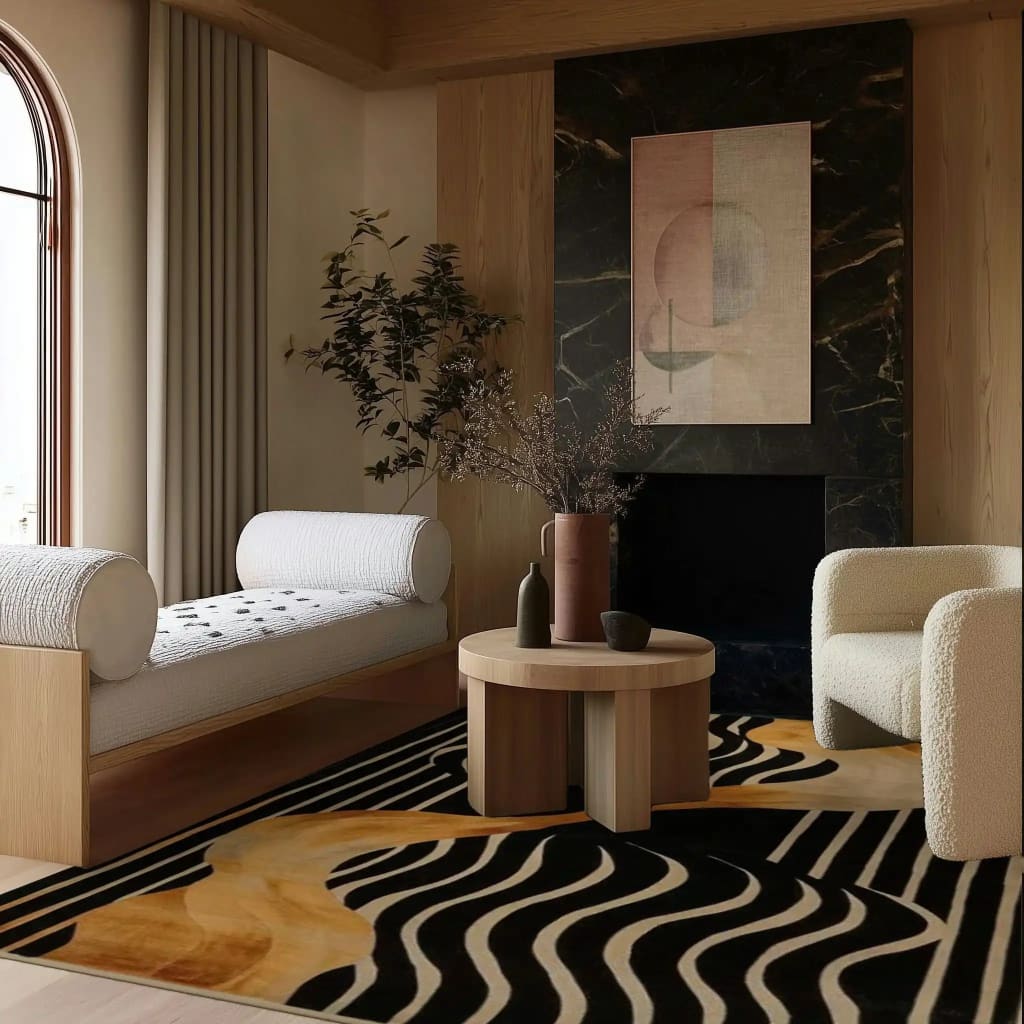 Elegant dining room featuring a Mocha Mirage Hand-Tufted Area Rug. The contemporary rug showcases a striking abstract pattern in shades of black and gold, adding sophistication to the formal setting. Perfect for enhancing dining room carpets with its luxurious wool texture and large area coverage.