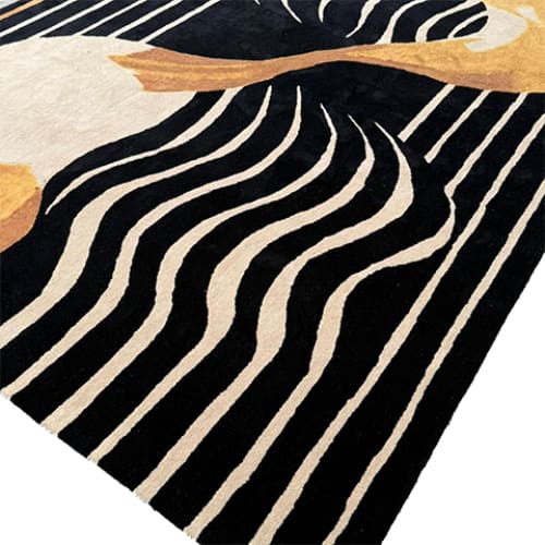This contemporary Mocha Mirage Hand-Tufted Area Rug features a bold, abstract design with flowing lines and earth tones, ideal for enhancing a formal dining room. The wool rug's large size and unique pattern make it a standout piece in any dining room setting, perfect for those seeking stylish dining room carpets.