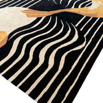 This contemporary Mocha Mirage Hand-Tufted Area Rug features a bold, abstract design with flowing lines and earth tones, ideal for enhancing a formal dining room. The wool rug's large size and unique pattern make it a standout piece in any dining room setting, perfect for those seeking stylish dining room carpets.