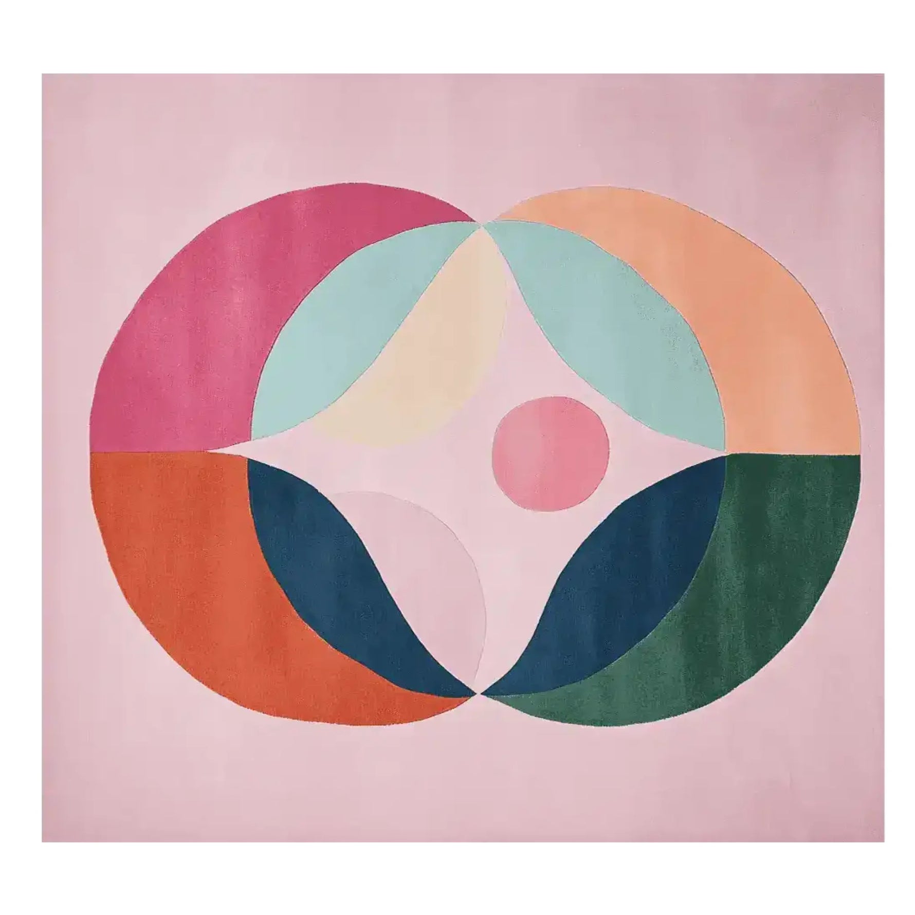 A vibrant area rug showcasing an abstract design with overlapping geometric shapes in bold pastel colors. This contemporary wool rug is perfect for adding a splash of color to your living room. The 8x10 size makes it an ideal choice for a spacious setting, enhancing the aesthetic of any modern home.