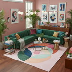 Modern living room with a green sofa, colorful rug, and decorative items.