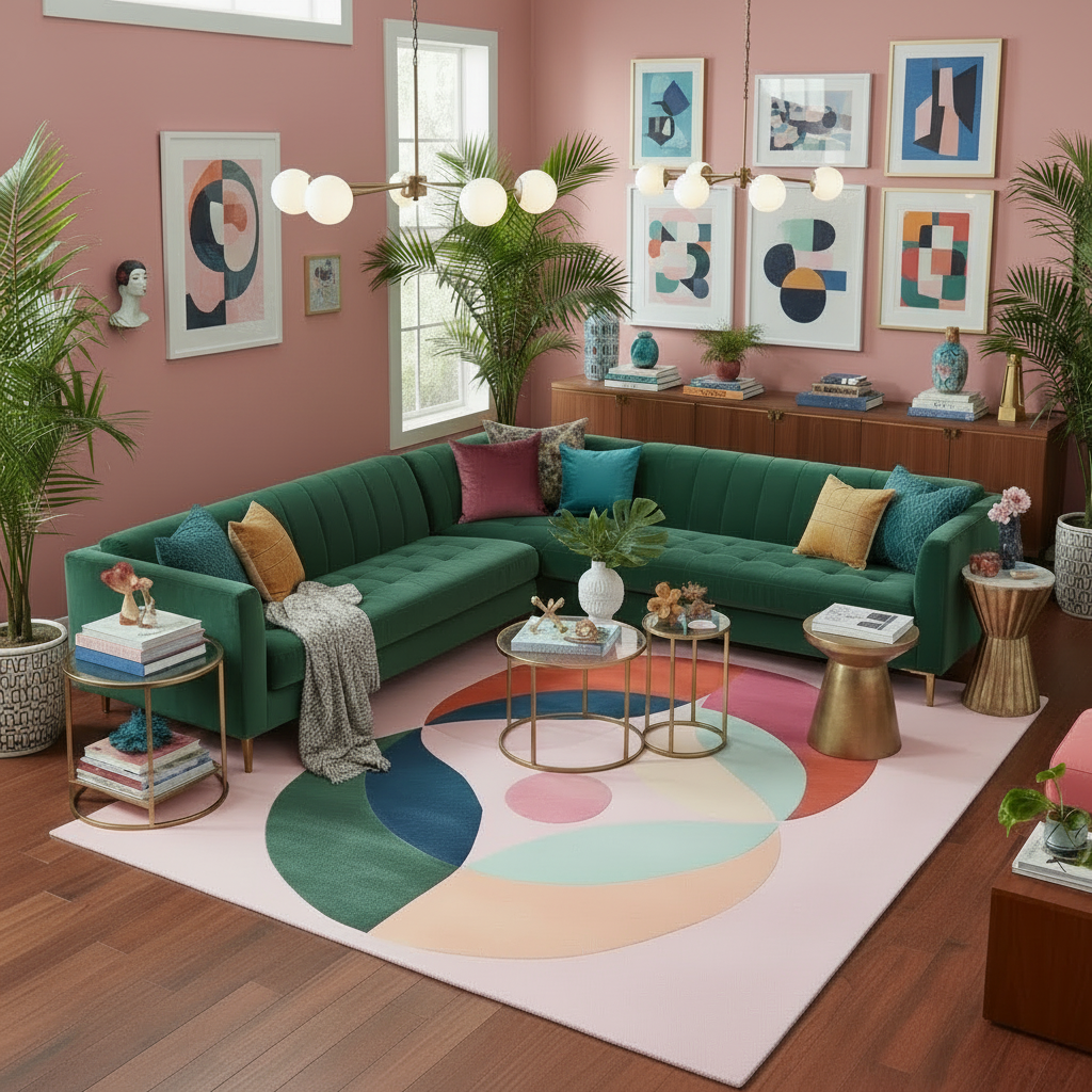 Modern living room with a green sofa, colorful rug, and decorative items.