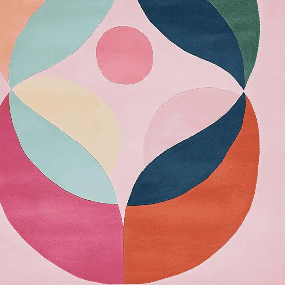 A vibrant area rug featuring a contemporary abstract design with bold geometric shapes and rich colors like pink, blue, orange, and green. This wool rug is perfect for adding a pop of color to your living room. Ideal for spaces needing an 8x10 size, this rug brings a modern touch to any decor.