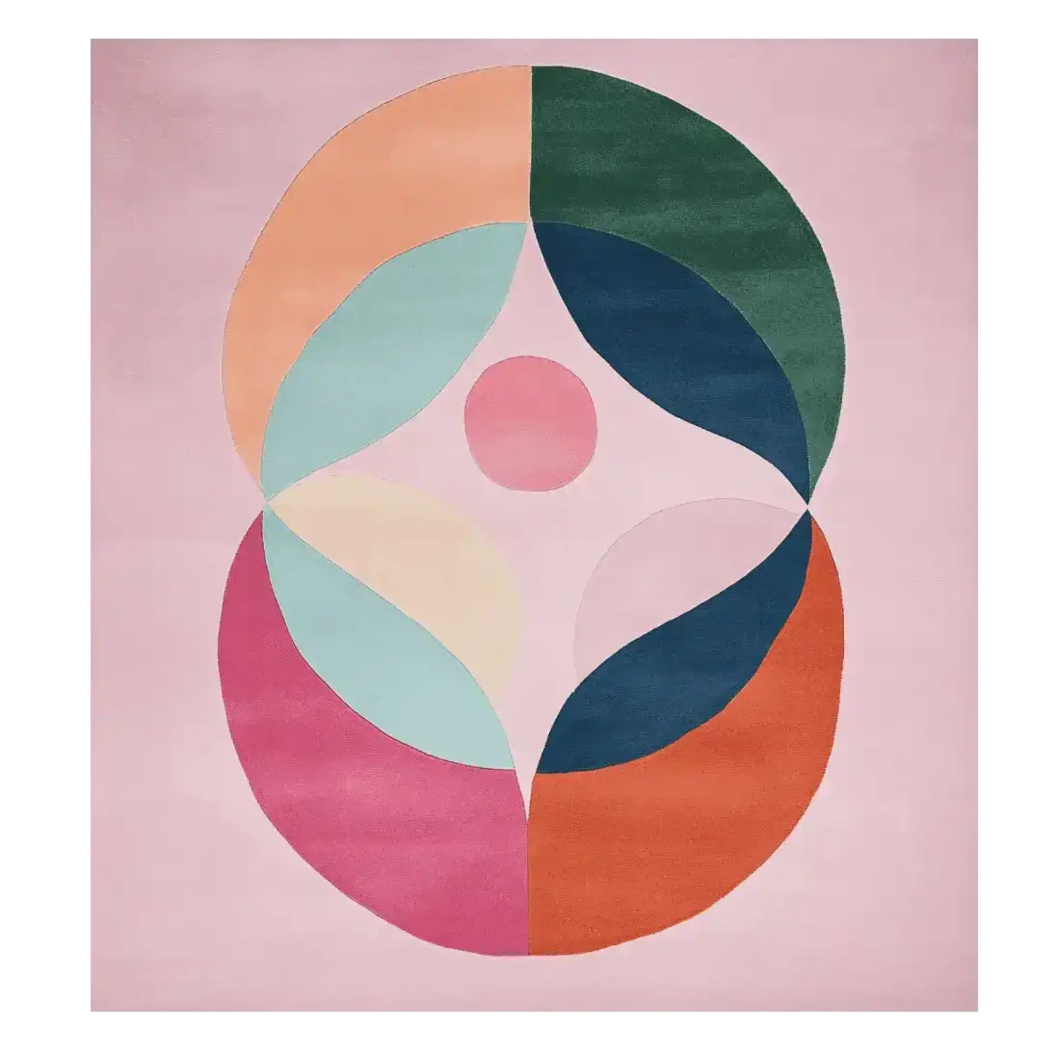 This vibrant area rug features an abstract design with bold geometric shapes in various colors, including green, blue, pink, orange, and peach, set against a soft pink background. Perfect as a contemporary rug for adding a splash of color to your living room. Made from high-quality wool, this 8x10 wool rug provides both style and comfort.