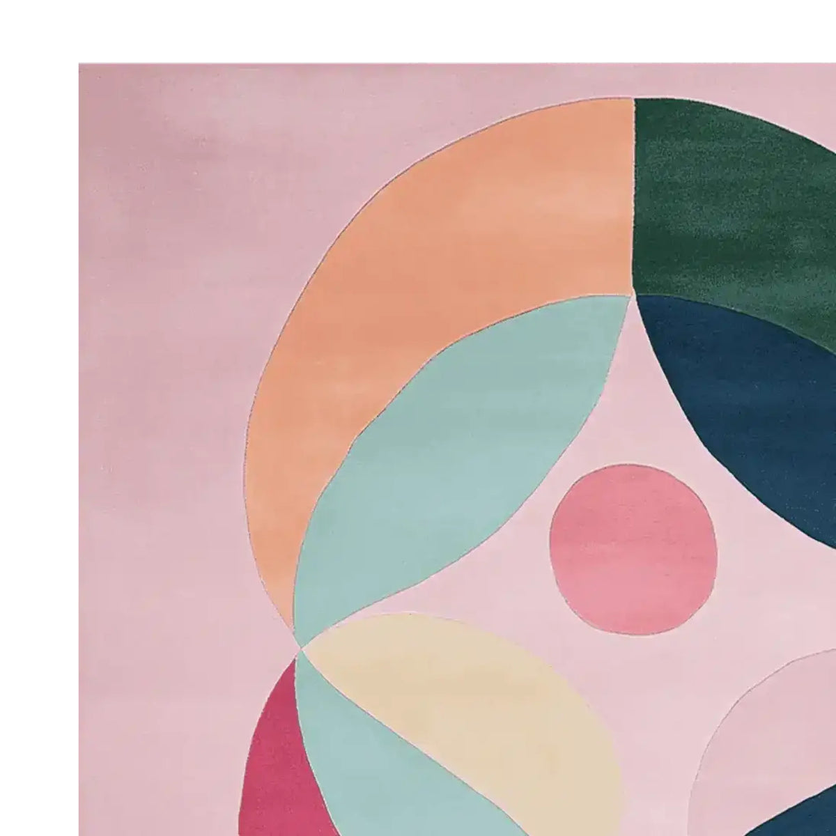 A vibrant area rug showcasing a contemporary design with abstract shapes in pastel colors, ideal for adding a modern touch to a living room. This wool rug, perfect for spaces requiring an 8x10 size, combines soft pink, green, orange, and blue tones to create a harmonious atmosphere.